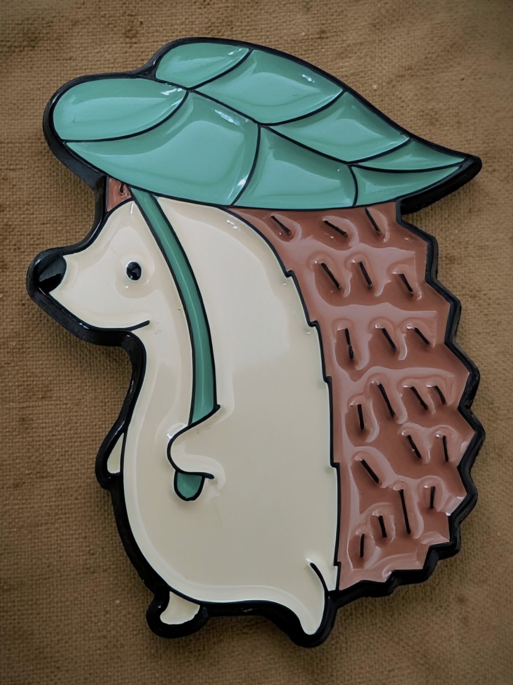 Cute Hedgehog Enamel Pin with Leaf Umbrella